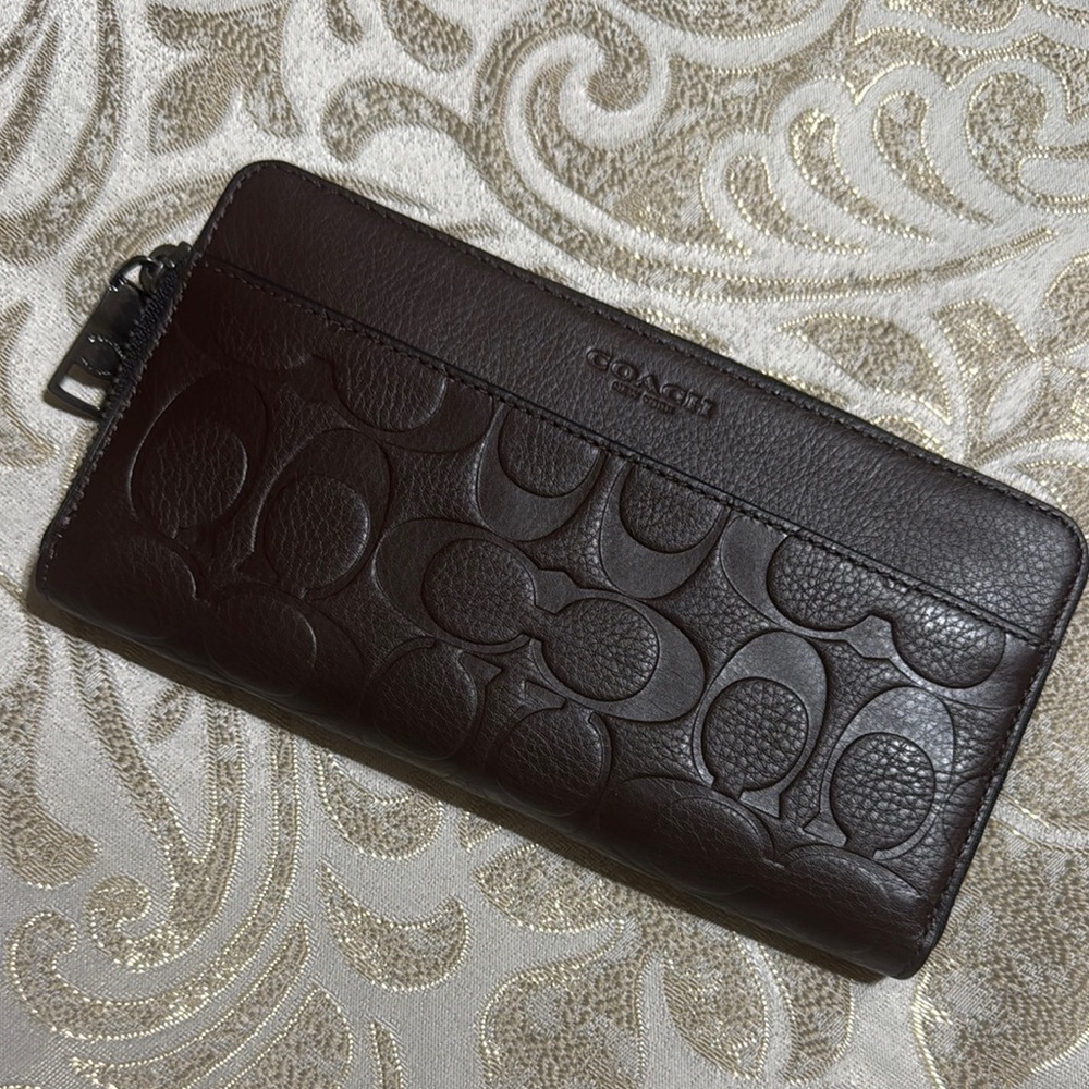 Coach Embossed Accordn Signature Leather Wallet - Dark Brown - Picture 3 of 11